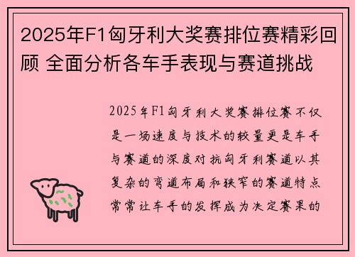 2025年F1匈牙利大奖赛排位赛精彩回顾 全面分析各车手表现与赛道挑战
